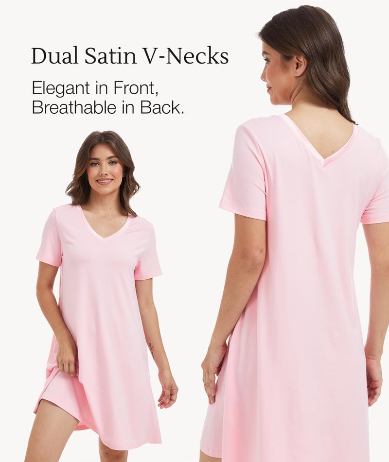 GYS Womens Bamboo Viscose Nightgown, Silky Soft Lightweight Short Sleeve Sleep Dress with Satin V-Neck for Hot Sleepers, Pink, Medium - Image 5